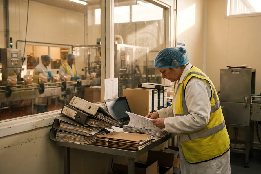 Quality manager working through a pile of retailer paperwork at a plant-floor desk