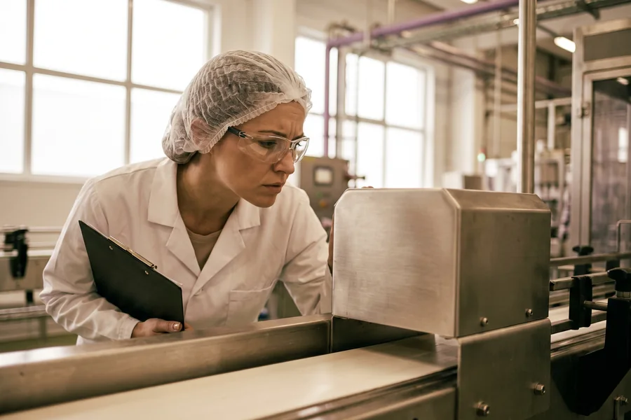 Quality engineer investigating an issue on a food production line